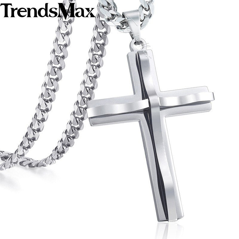 Cross Pendant Necklace Men's Chain Stainless Steel Curb Cuban Link Black Gold Silver Color Gift Jewelry KKPM137