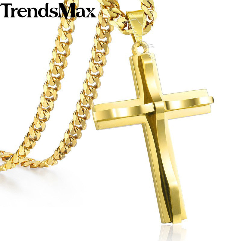 Cross Pendant Necklace Men's Chain Stainless Steel Curb Cuban Link Black Gold Silver Color Gift Jewelry KKPM137