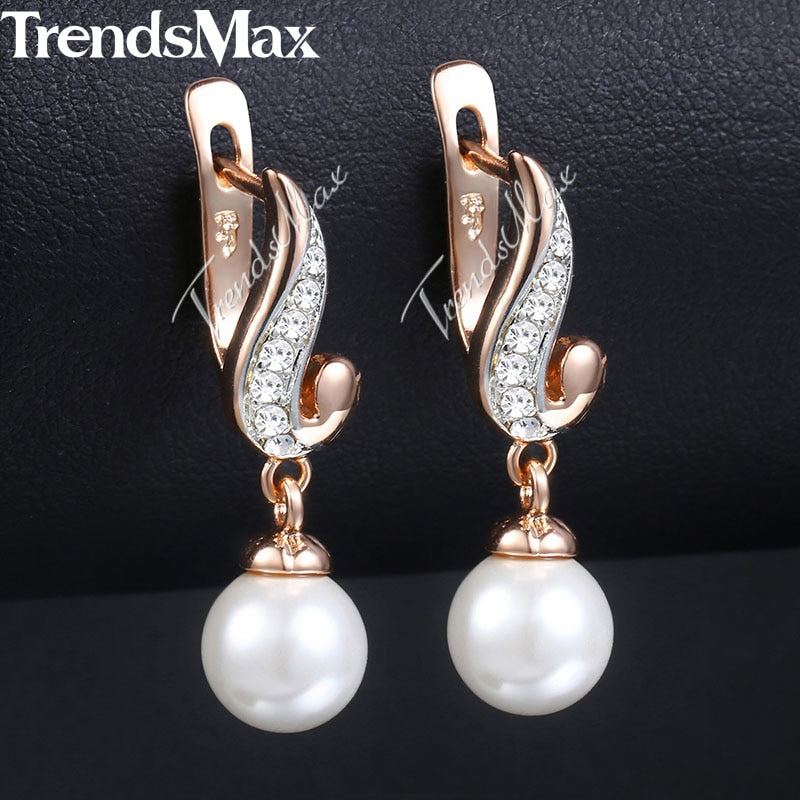 Cubic Zirconia CZ Pearl Earrings For Women Girls 585 Rose Gold Stud Earrings Fashion Jewelry Gifts For Women KGE143