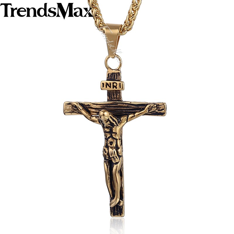 INRI Jesus Christ Crucifix Cross Pendant Necklace Me Chain 316L Stainless Steel Whe Link Silver Gold Color KHP513