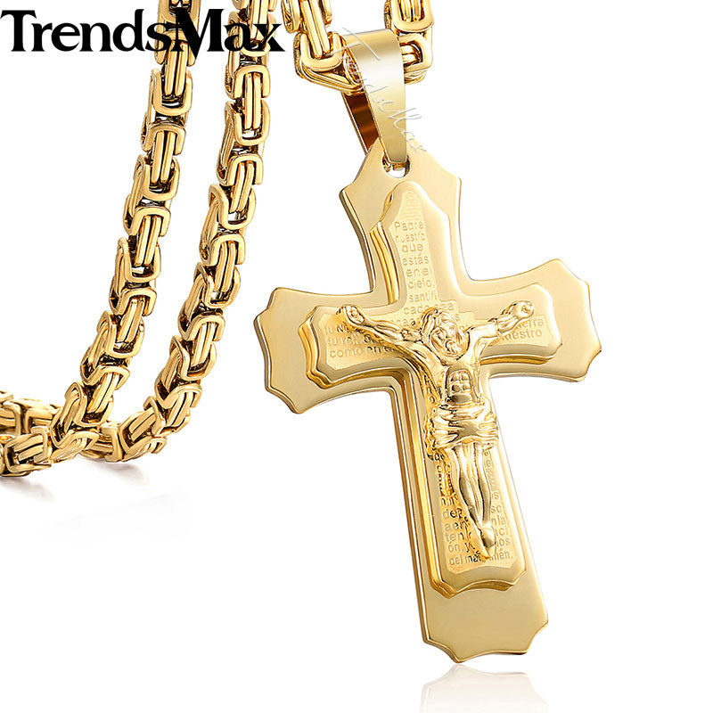 Jesus Cross Pendant Necklace For Men Gold Silver Stainless Steel Byzantine Box Chain Necklace Men Jewelry Gift KPM141
