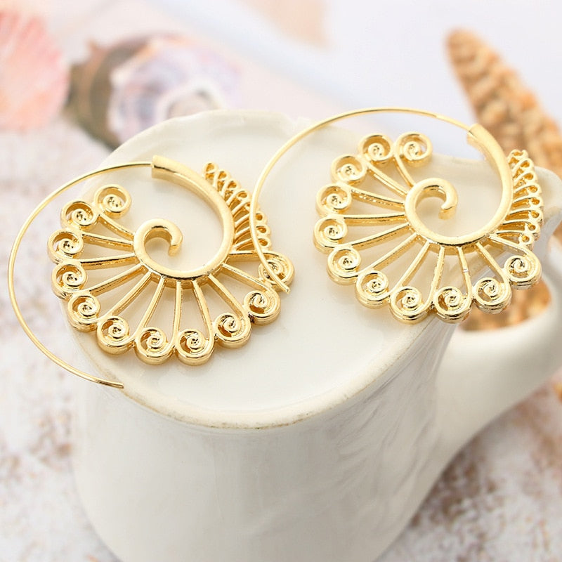 Trendy 2 Color Big Swirl Hoops Round Circles Flower Earrings for Women Gold Silver Color Earring Female Punk Fashion Jewelry