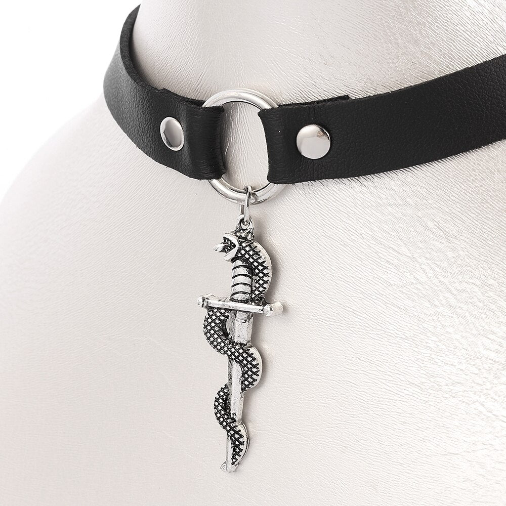 Trendy 2021 Silver color Snake Sword Choker Necklaces For Women Trendy Necklace Pendants Leather Necklace Jewelry Bijoux Gift