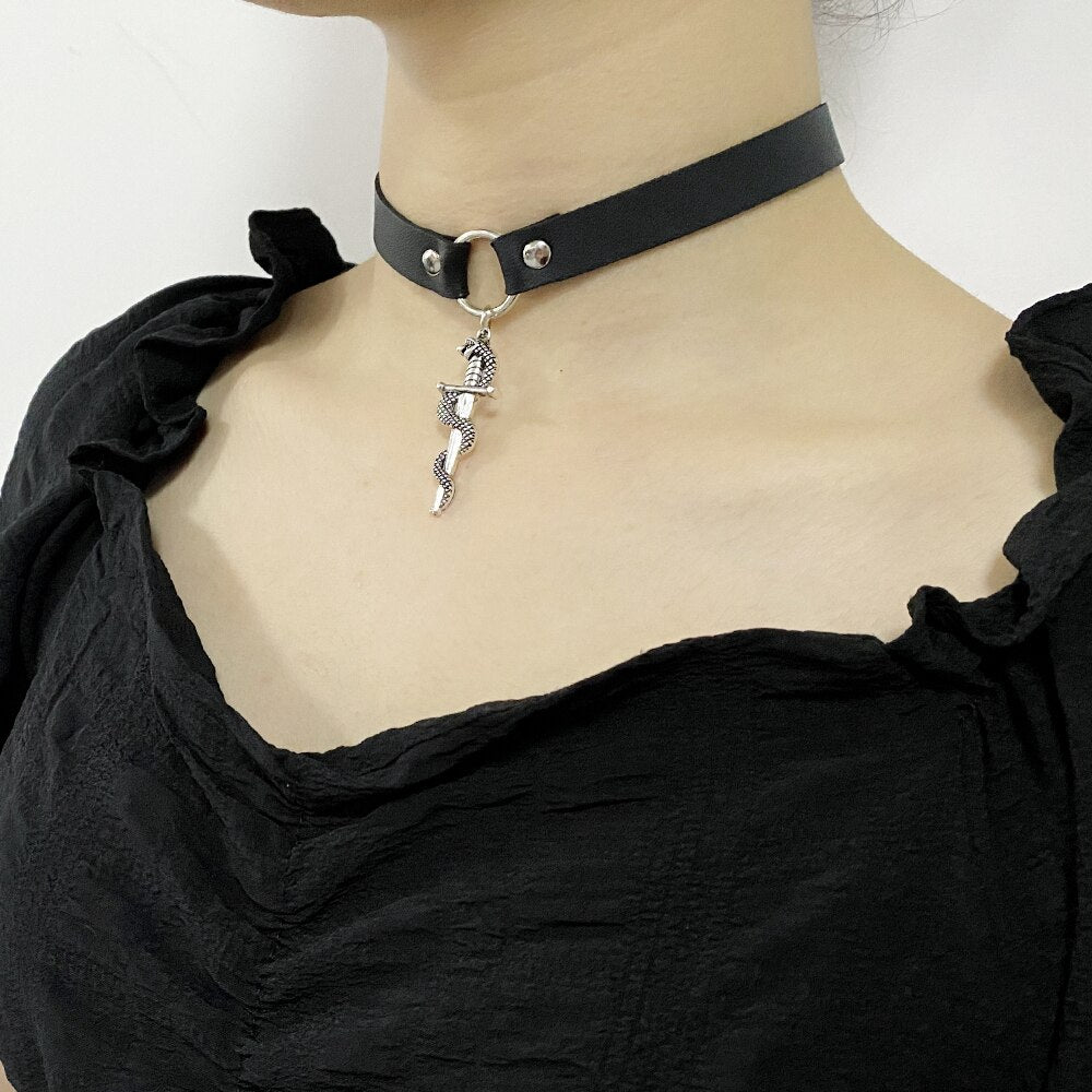 Trendy 2021 Silver color Snake Sword Choker Necklaces For Women Trendy Necklace Pendants Leather Necklace Jewelry Bijoux Gift