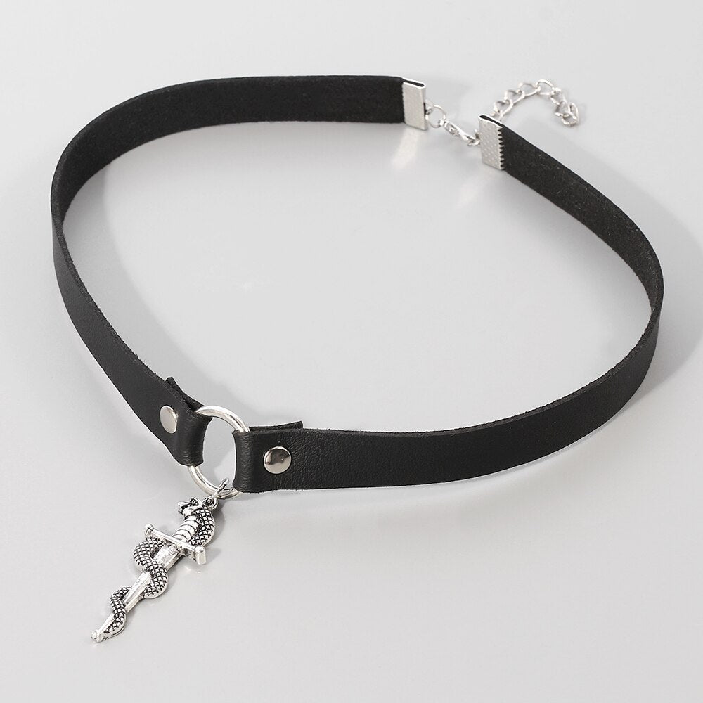 Trendy 2021 Silver color Snake Sword Choker Necklaces For Women Trendy Necklace Pendants Leather Necklace Jewelry Bijoux Gift