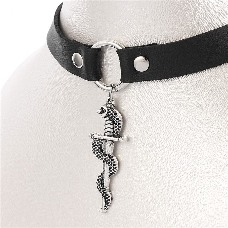 Trendy 2021 Silver color Snake Sword Choker Necklaces For Women Trendy Necklace Pendants Leather Necklace Jewelry Bijoux Gift
