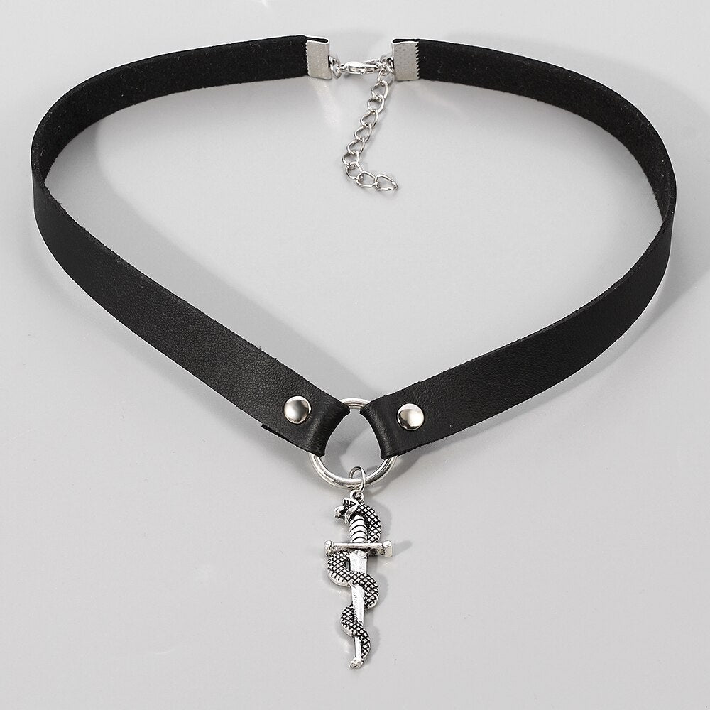 Trendy 2021 Silver color Snake Sword Choker Necklaces For Women Trendy Necklace Pendants Leather Necklace Jewelry Bijoux Gift