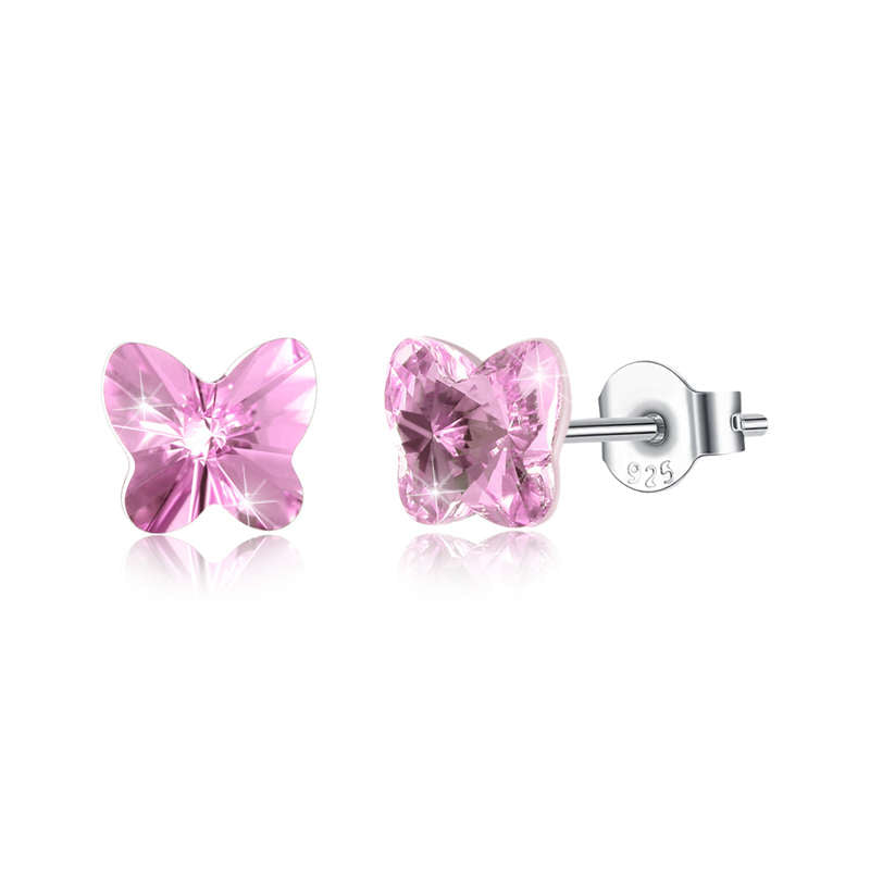 Trendy 7 Colors Austrian Crystal Butterfly Stud Earring Pure 925 Sterling Silver Small Earring Women Original Jewelry E294.