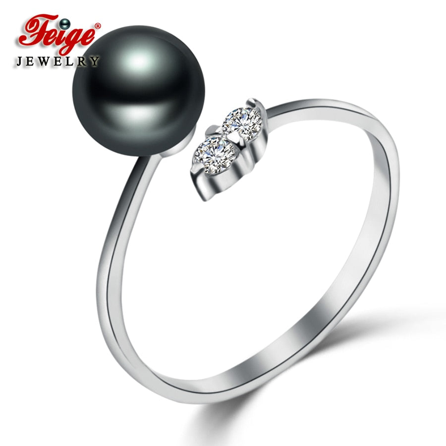 Trendy 925 Sterling Silver Cubic Zirconia Pearl Ring for Lady Party Jewelry 7-8MM Black Pearl Jewelry Wholesale FEIGE