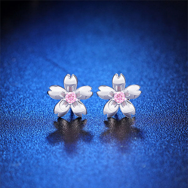 Trendy 925 Sterling Silver Earrings Pink Cherry Blossom Flower Stud Ear Cubic Zirconia Sakura Fshion Girls Friends Gifts