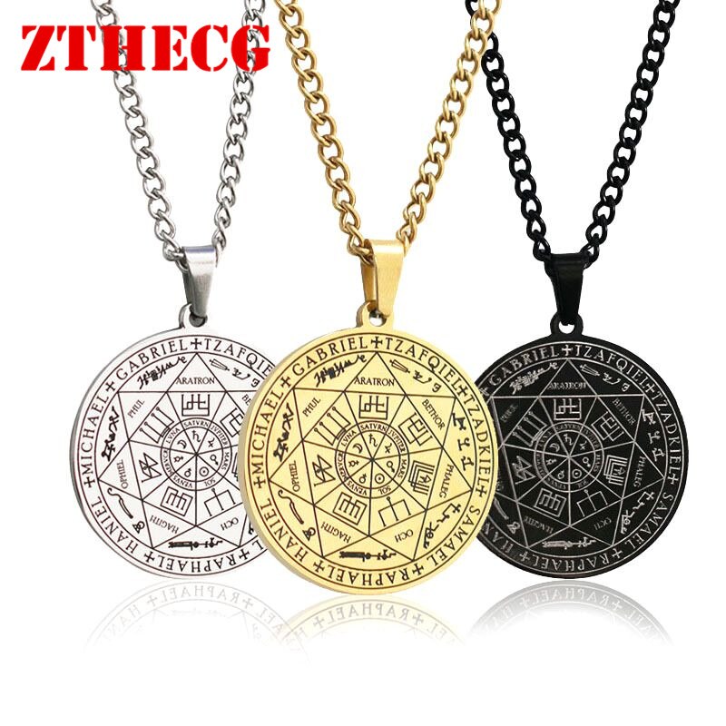 Trendy Angel Magic Array Pendant Necklace Men Scripture Seals Totem Runes Lucky Jewelry Vintage Stainless Steel Chain Necklace