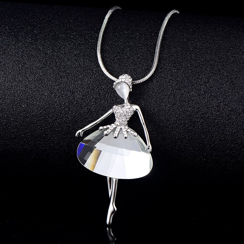 Trendy Ballet Dancer Pendent Necklace Gold Silver Color Long Sweater Chain Big Glass Snake Chain Necklace Vintage Woman Jewelry