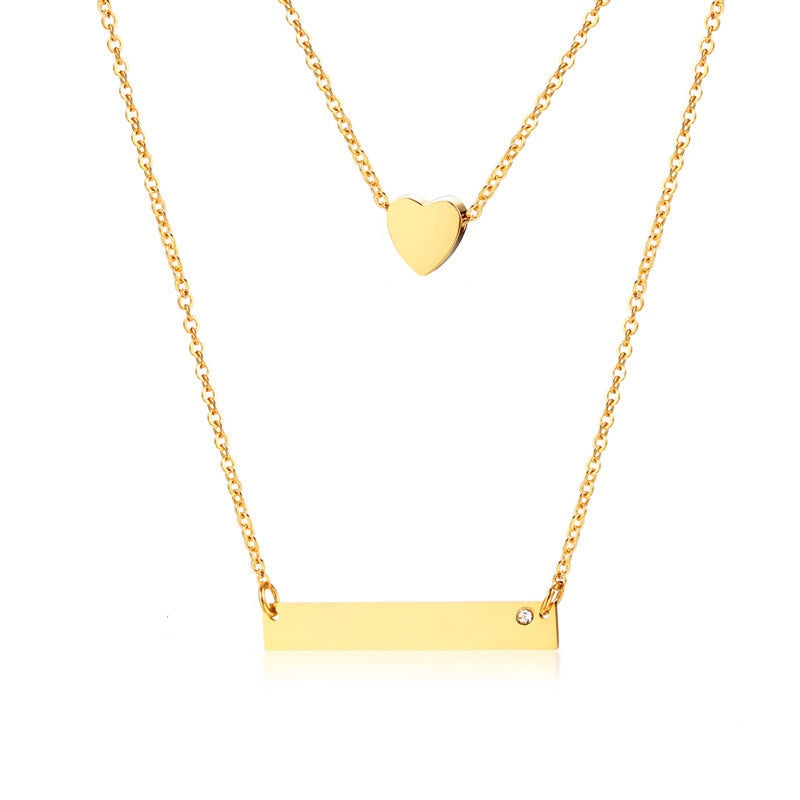 Trendy Bar Heart Layered Choker Necklace Gold Tone Stainless Steel Female Girl Layer Holiday Collar Accessories Jewelry