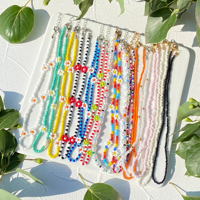 Trendy Bead Strand Beaded Choker Necklace For Women Bohemian Colorful Handmade Short Beaded String Necklace Collar Jewelry