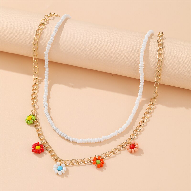 Trendy Bead Strand Beaded Choker Necklace For Women Bohemian Colorful Handmade Short Beaded String Necklace Collar Jewelry