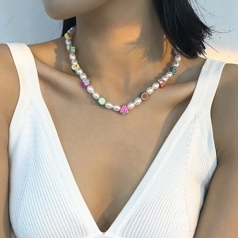 Trendy Beaded Choker Colorful Smiling Beads Boho Imitation Pearls Clavicle Chain Necklace Fo Female Girl Handmade Collar Jewelry