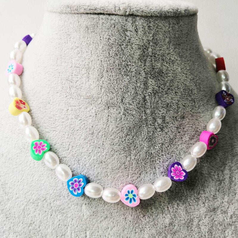 Trendy Beaded Choker Colorful Smiling Beads Boho Imitation Pearls Clavicle Chain Necklace Fo Female Girl Handmade Collar Jewelry
