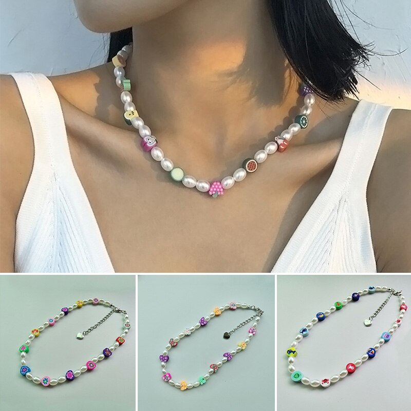 Trendy Beaded Choker Colorful Smiling Beads Boho Imitation Pearls Clavicle Chain Necklace Fo Female Girl Handmade Collar Jewelry