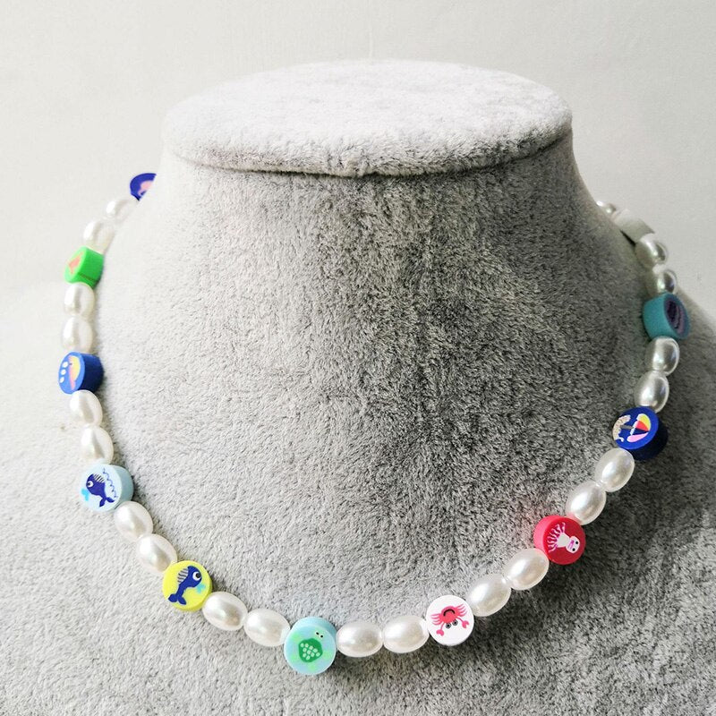 Trendy Beaded Choker Colorful Smiling Beads Boho Imitation Pearls Clavicle Chain Necklace Fo Female Girl Handmade Collar Jewelry