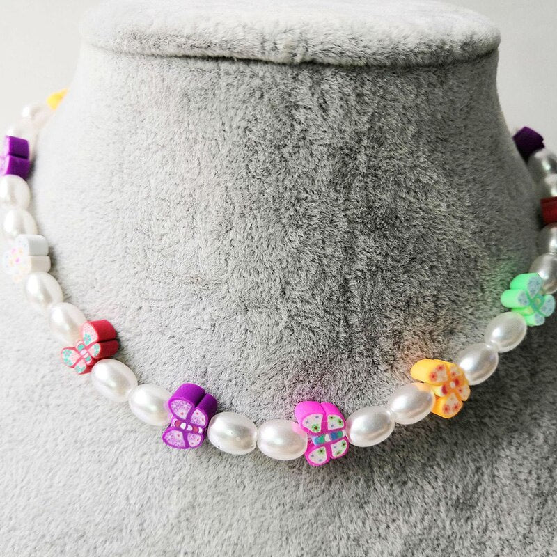 Trendy Beaded Choker Colorful Smiling Beads Boho Imitation Pearls Clavicle Chain Necklace Fo Female Girl Handmade Collar Jewelry