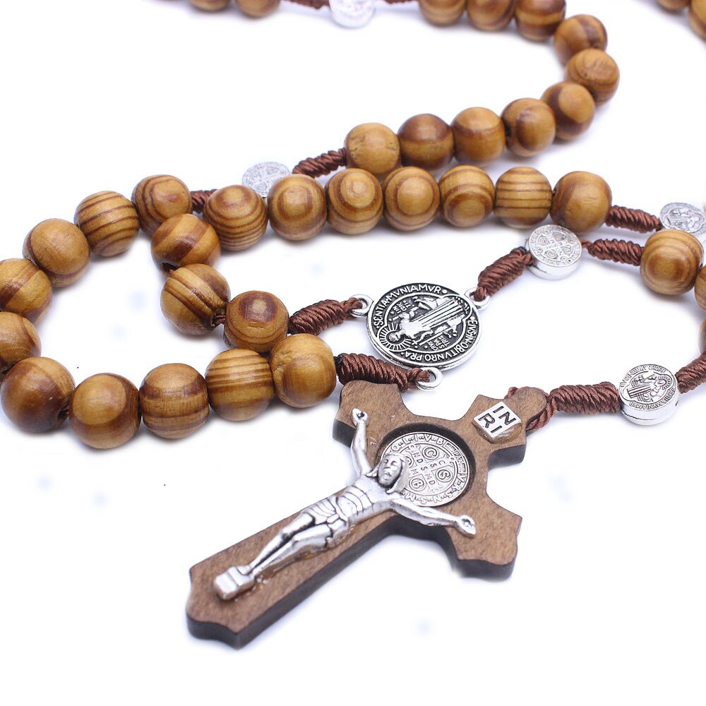 Trendy Black Brown Wooden Rosary Necklace Religious Catholic Large Cross Pendant For Women Men Beads Jewerly