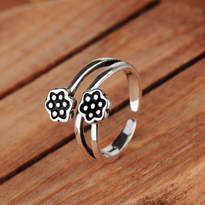 Trendy Black Flower Girls Finger Ring Adjustable Size Flower Silver Open Rings For Women Jewelry