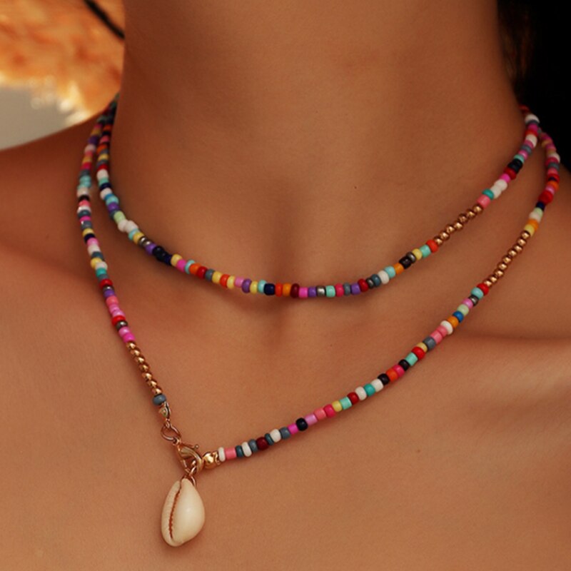 Trendy Bohemian Colorful Bead Shell Necklace for Women Summer Short Beaded Collar Clavicle Choker Necklace Female Jewelry