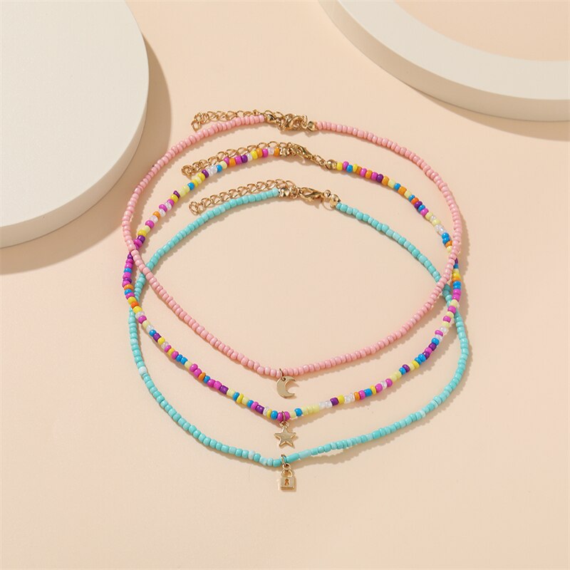 Trendy Bohemian Colorful Bead Shell Necklace for Women Summer Short Beaded Collar Clavicle Choker Necklace Female Jewelry