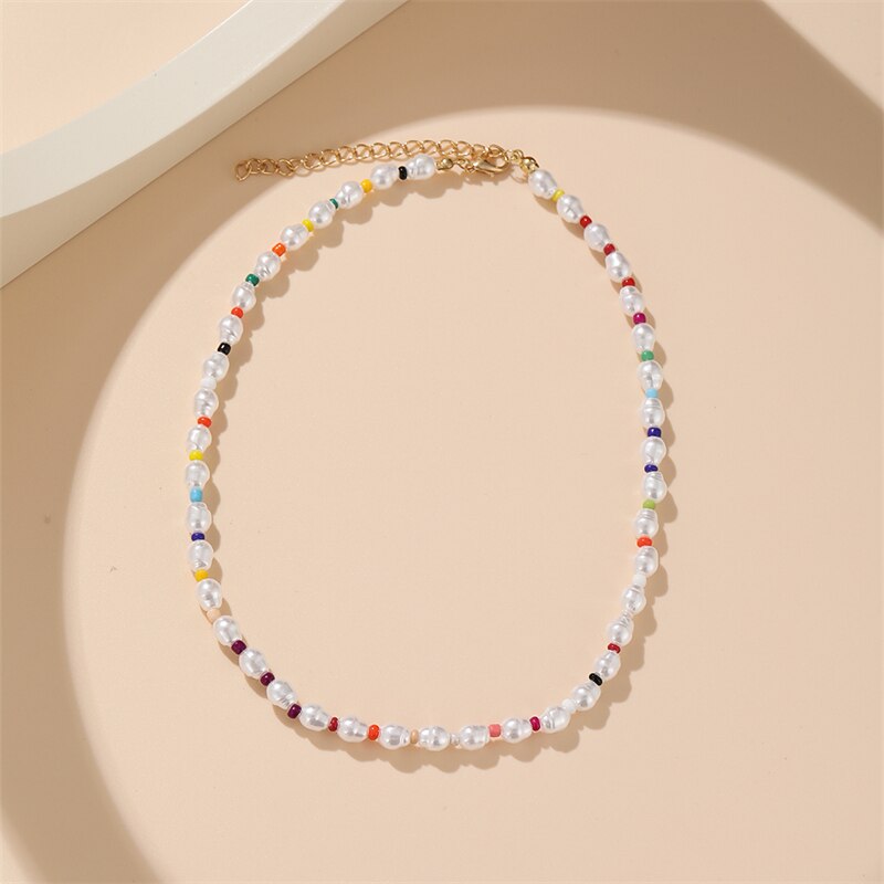 Trendy Bohemian Colorful Bead Shell Necklace for Women Summer Short Beaded Collar Clavicle Choker Necklace Female Jewelry