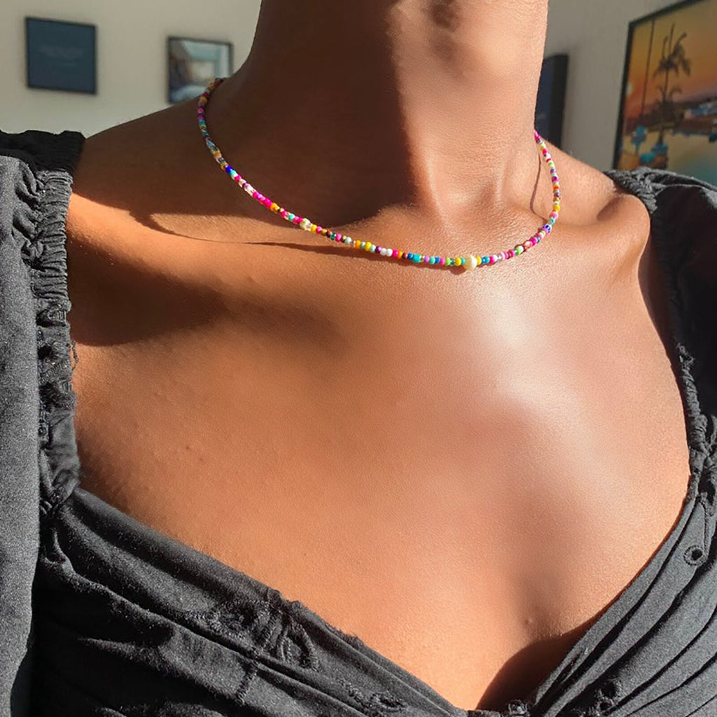 Trendy Bohemian Jewelry Real Freshwater Baroque Pearl Choker Simple Colorful Seed Glass Beads Beaded Necklace for Women