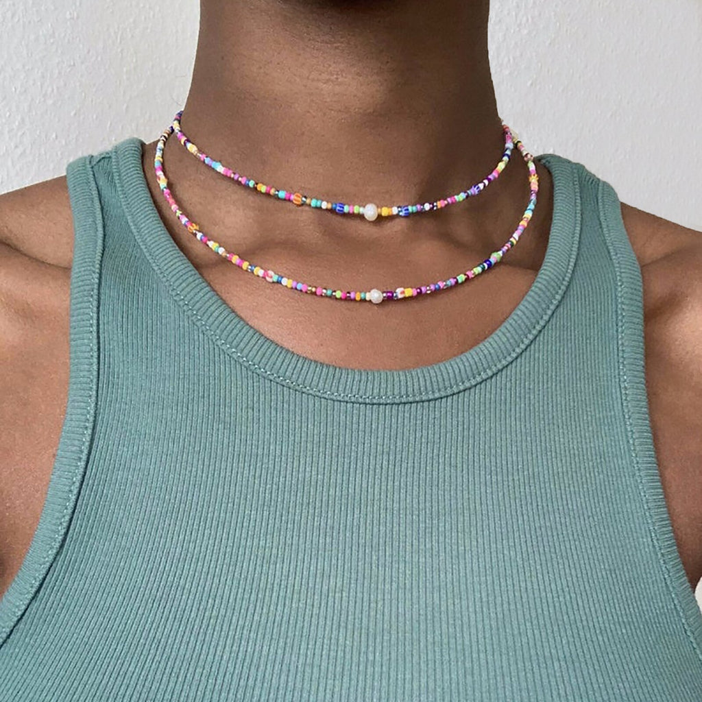 Trendy Bohemian Jewelry Real Freshwater Baroque Pearl Choker Simple Colorful Seed Glass Beads Beaded Necklace for Women