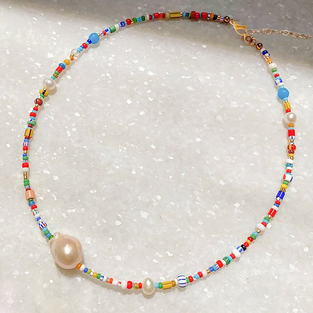 Trendy Bohemian Jewelry Real Freshwater Baroque Pearl Choker Simple Colorful Seed Glass Beads Beaded Necklace for Women