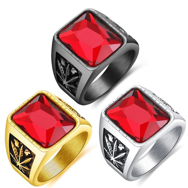 Trendy Bohemian Red Crystal Inlaid Ring Men's Geometric Ring Metal Gold-Plated Maple Leaf Pattern Ring Accessory Party Jewelry