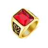Trendy Bohemian Red Crystal Inlaid Ring Men's Geometric Ring Metal Gold-Plated Maple Leaf Pattern Ring Accessory Party Jewelry