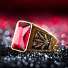Trendy Bohemian Red Crystal Inlaid Ring Men's Geometric Ring Metal Gold-Plated Maple Leaf Pattern Ring Accessory Party Jewelry