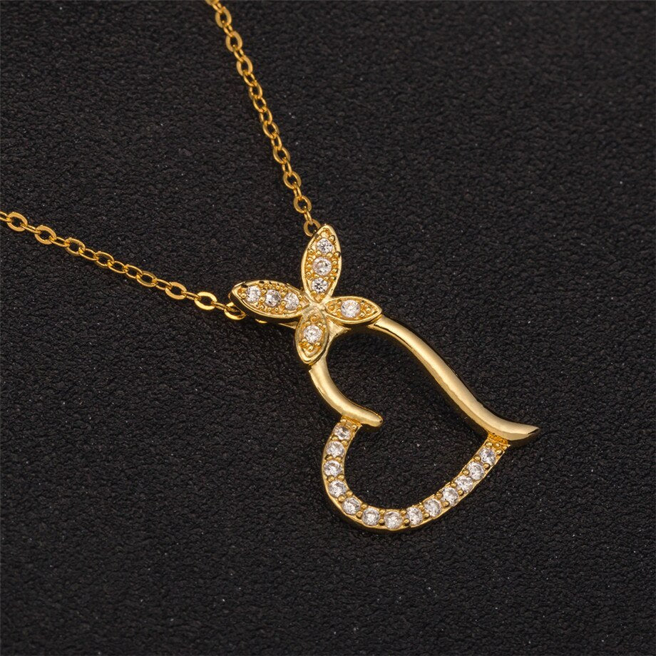Trendy Cubic Zirconia Butterfly Heart Necklace Pendant Women Gold Color Neck Chain For Women Jewelry collier femme 2022