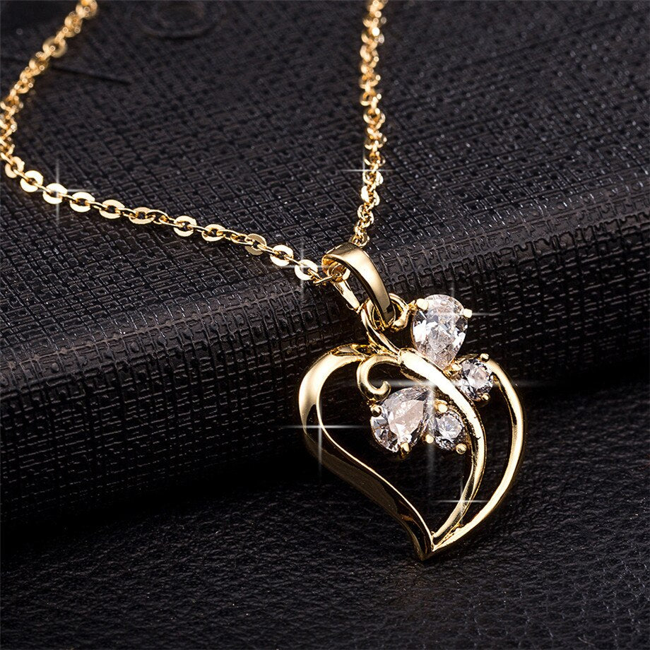 Trendy Cubic Zirconia Butterfly Heart Necklace Pendant Women Gold Color Neck Chain For Women Jewelry collier femme 2022