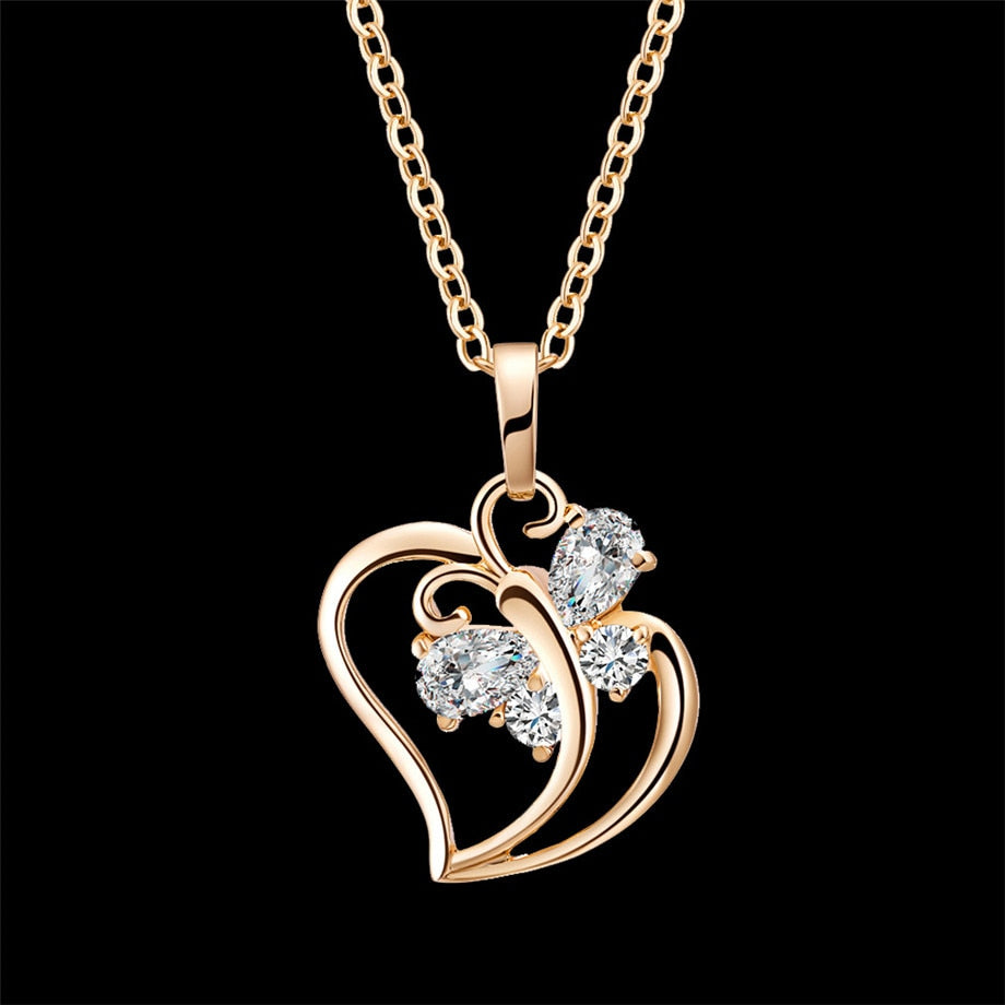Trendy Cubic Zirconia Butterfly Heart Necklace Pendant Women Gold Color Neck Chain For Women Jewelry collier femme 2022