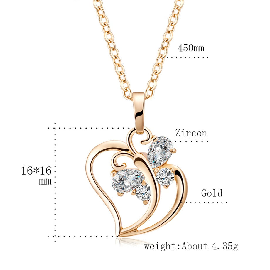 Trendy Cubic Zirconia Butterfly Heart Necklace Pendant Women Gold Color Neck Chain For Women Jewelry collier femme 2022