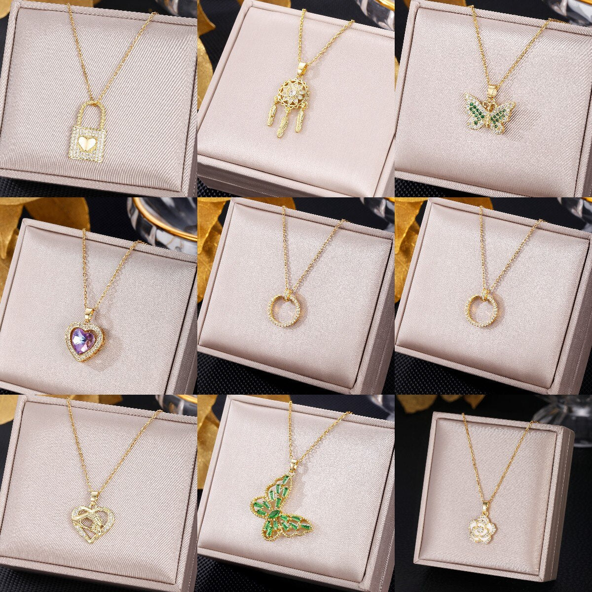 Trendy Cubic Zirconia Butterfly Love Pendant Necklace for Couple Girls Women's Gold Stainless Steel Do Not Fade Necklace Jewelry