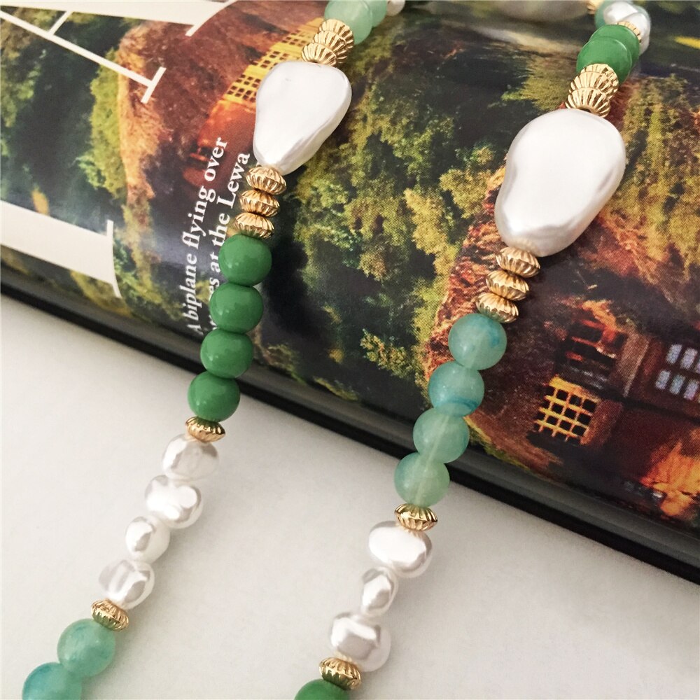 Trendy Elegant Gold Color Green Bead Irregular Pearl Strand Necklace For Women Girl Office Party Anniversary Gorgeous Jewelry