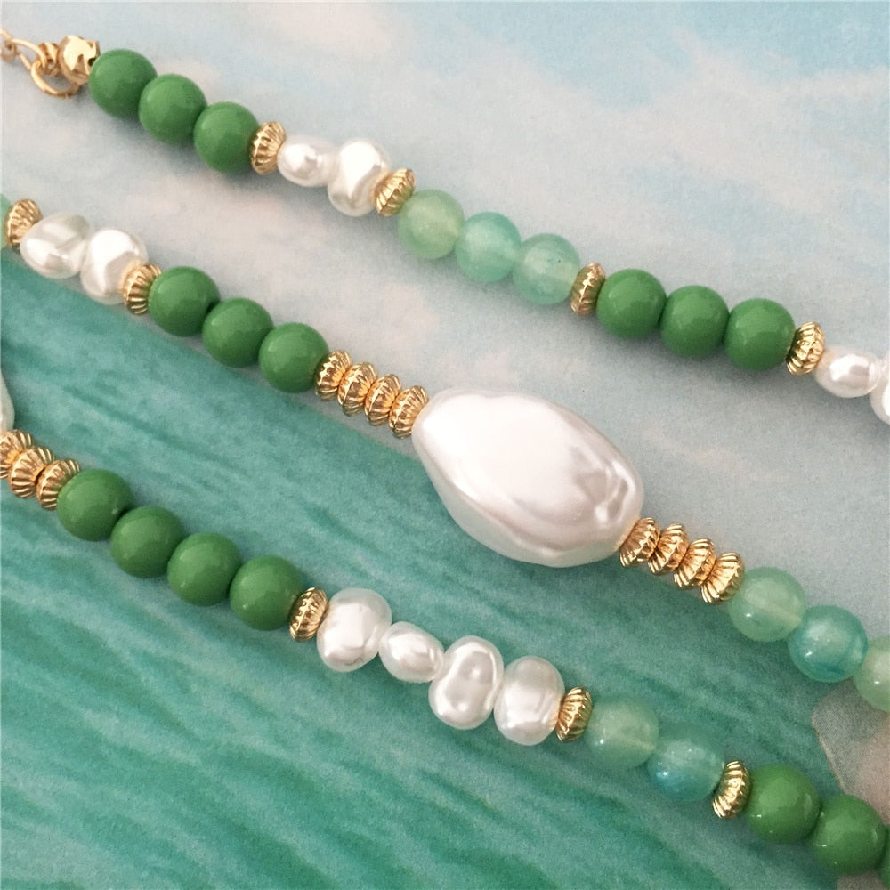Trendy Elegant Gold Color Green Bead Irregular Pearl Strand Necklace For Women Girl Office Party Anniversary Gorgeous Jewelry