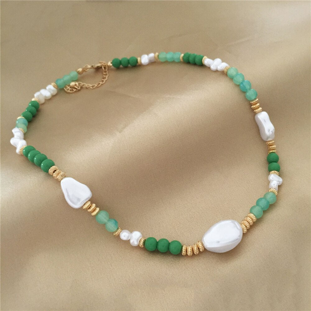 Trendy Elegant Gold Color Green Bead Irregular Pearl Strand Necklace For Women Girl Office Party Anniversary Gorgeous Jewelry