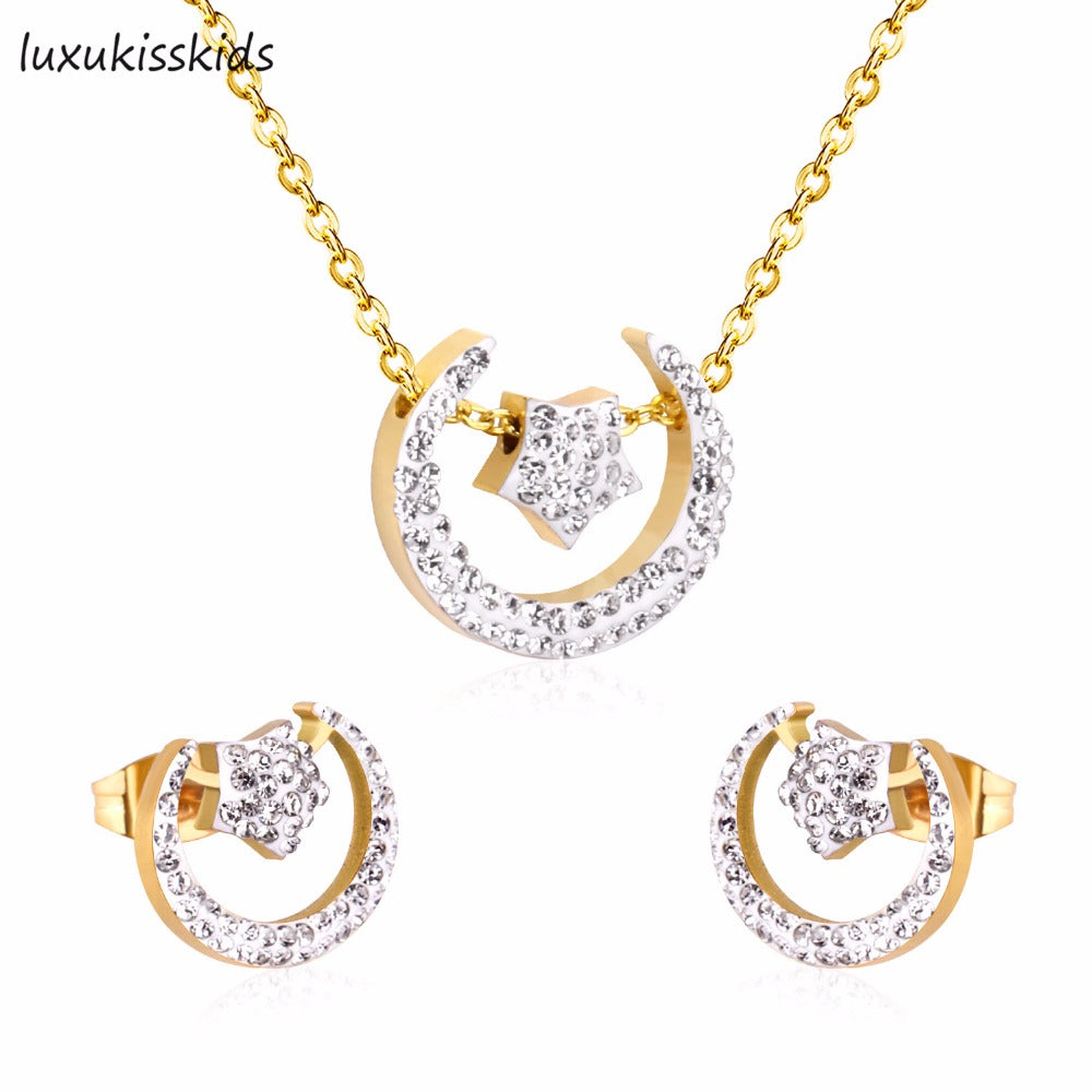 Trendy Fashion Women Wedding Jewelry Moon Shape Natural Cubic Zircon Bridal Necklace + Earrings Jewelry Sets