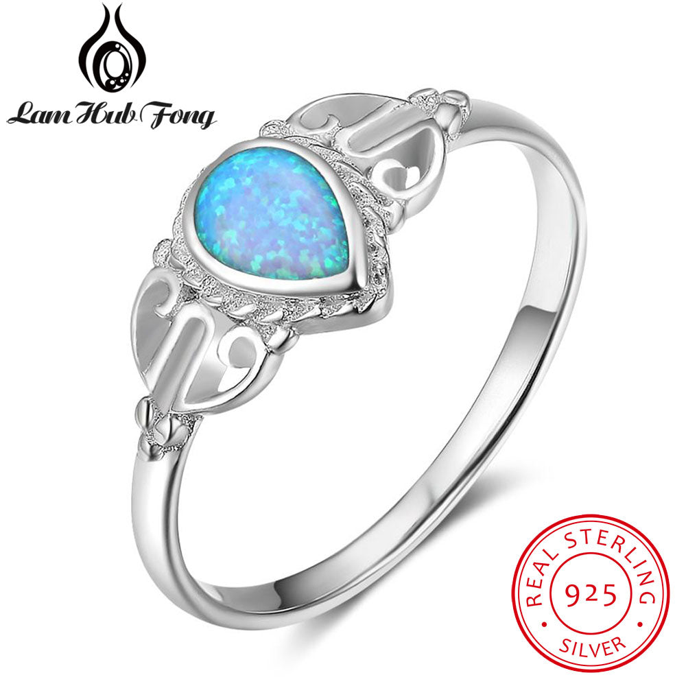 Trendy Genuine 925 Sterling Silver Water Drop Shape Blue Opal Ring Brand Party Jewelry Gifts For Women Ladies (Lam Hub Fong)