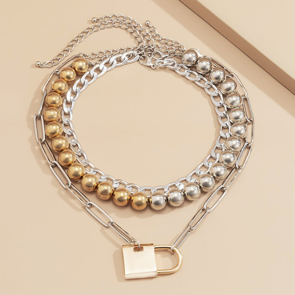 Trendy Gold Color Lock Pendant Bead Chain Necklace For Women Coin Lock Key Chain Necklace Jewelry Gifts