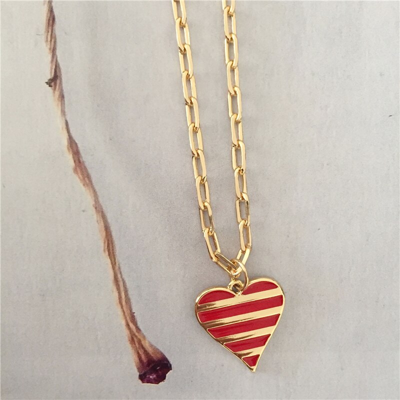 Trendy Gold Color Plating Black Red Enamel Stripe Heart Pendant Necklace For Women Girl Elegant Gorgeous Jewelry Accessory