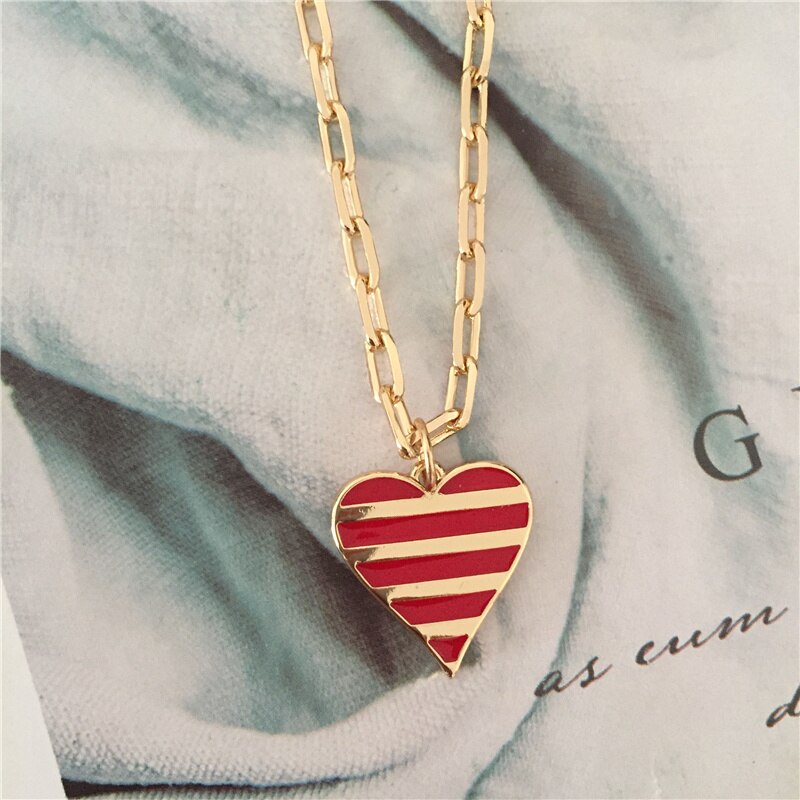 Trendy Gold Color Plating Black Red Enamel Stripe Heart Pendant Necklace For Women Girl Elegant Gorgeous Jewelry Accessory