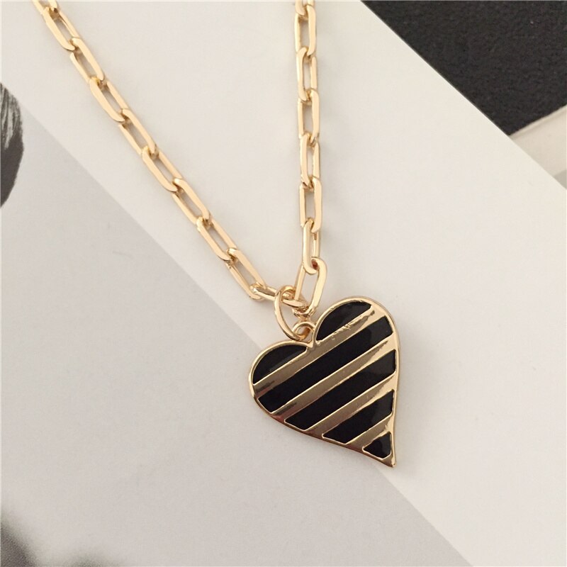 Trendy Gold Color Plating Black Red Enamel Stripe Heart Pendant Necklace For Women Girl Elegant Gorgeous Jewelry Accessory