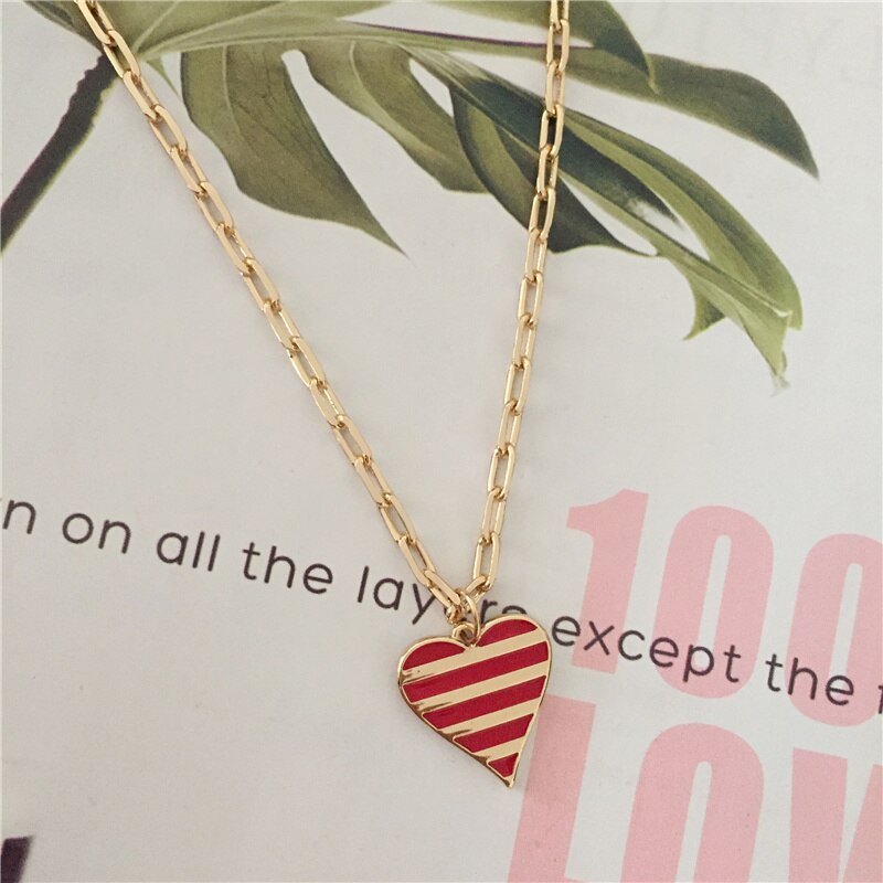 Trendy Gold Color Plating Black Red Enamel Stripe Heart Pendant Necklace For Women Girl Elegant Gorgeous Jewelry Accessory